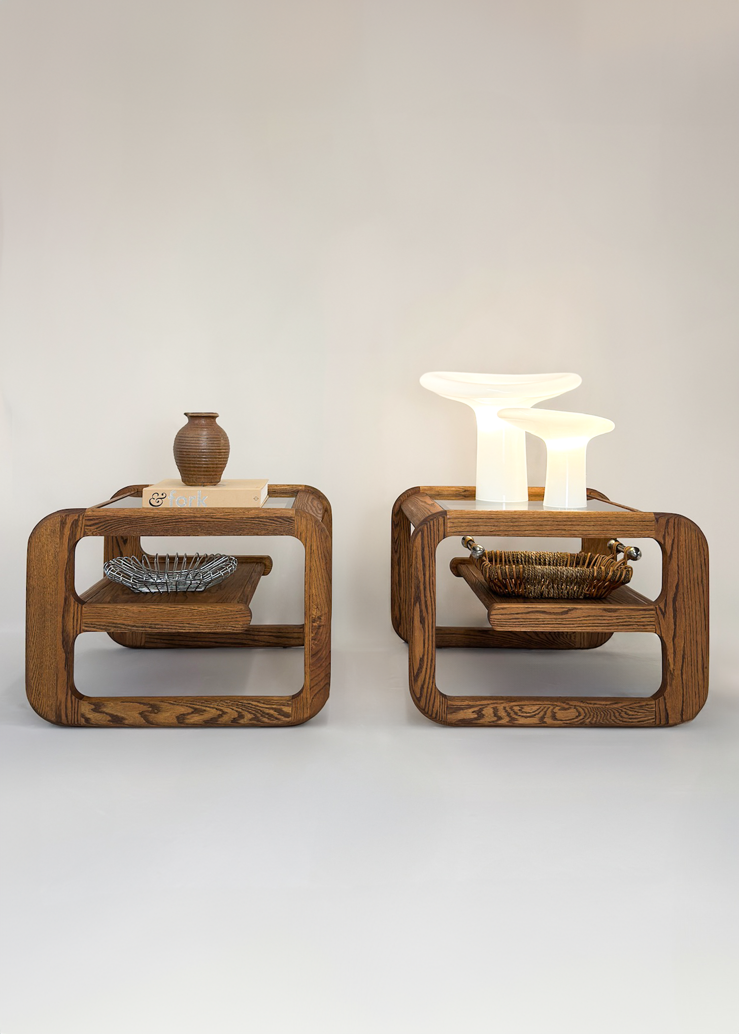 (2) Smoked Glass Oak Side Tables