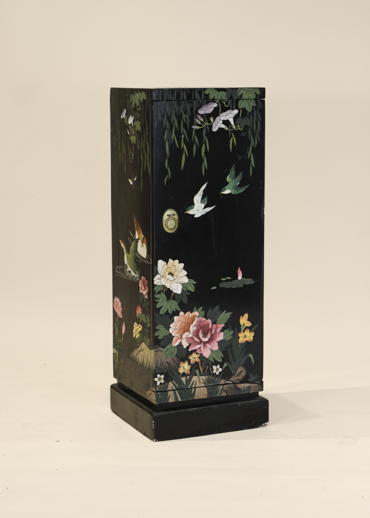 Chinoiserie Black Lacquer Pedestal Cabinet