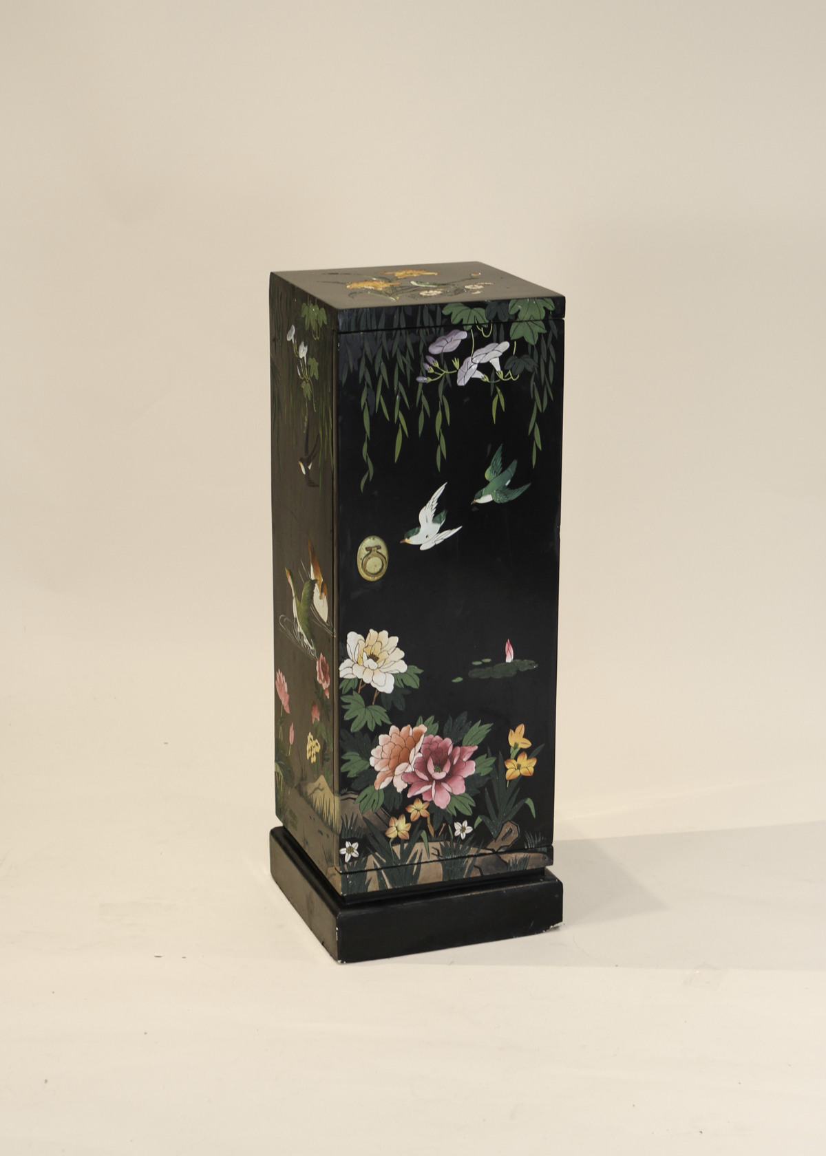 Chinoiserie Black Lacquer Pedestal Cabinet