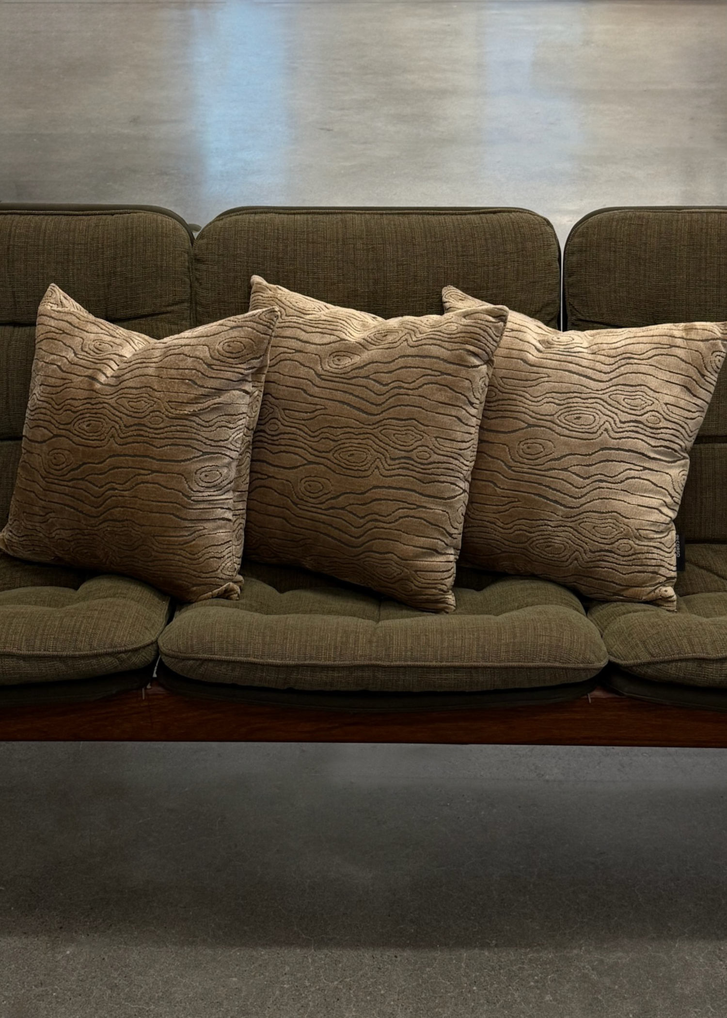 Wood grain textured velvet throw pillow, 18 x 18 inches, made in Toronto. A 1970s inspired decorative cushion in rich velvety tones, ideal for mid century modern or contemporary interiors.