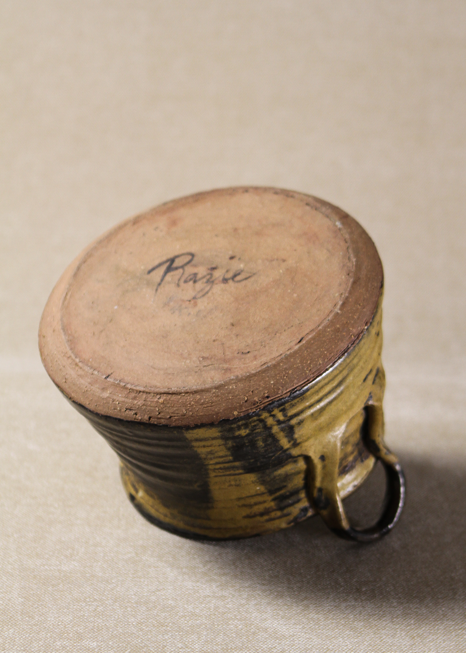 Vintage glazed ceramic bowl with handles